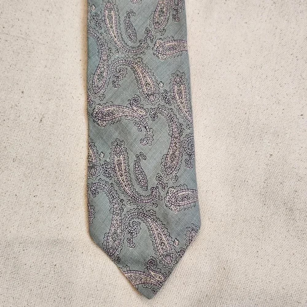Perry Ellis Men Necktie Green Purple Paisley 100% Linen Hand Made Italy Designer